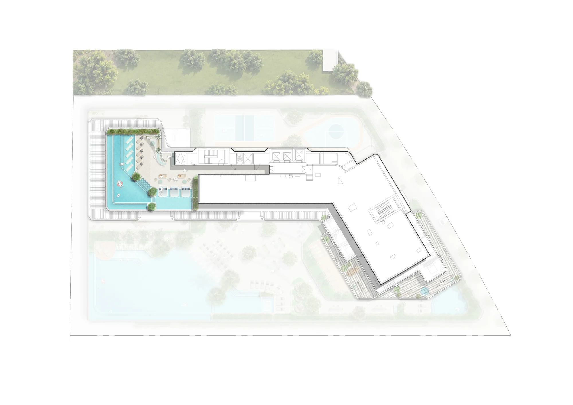 Sky Deck floor plan, rooftop, of The Bay Interiors by Missoni on Dubai Islands, showing the sky pool