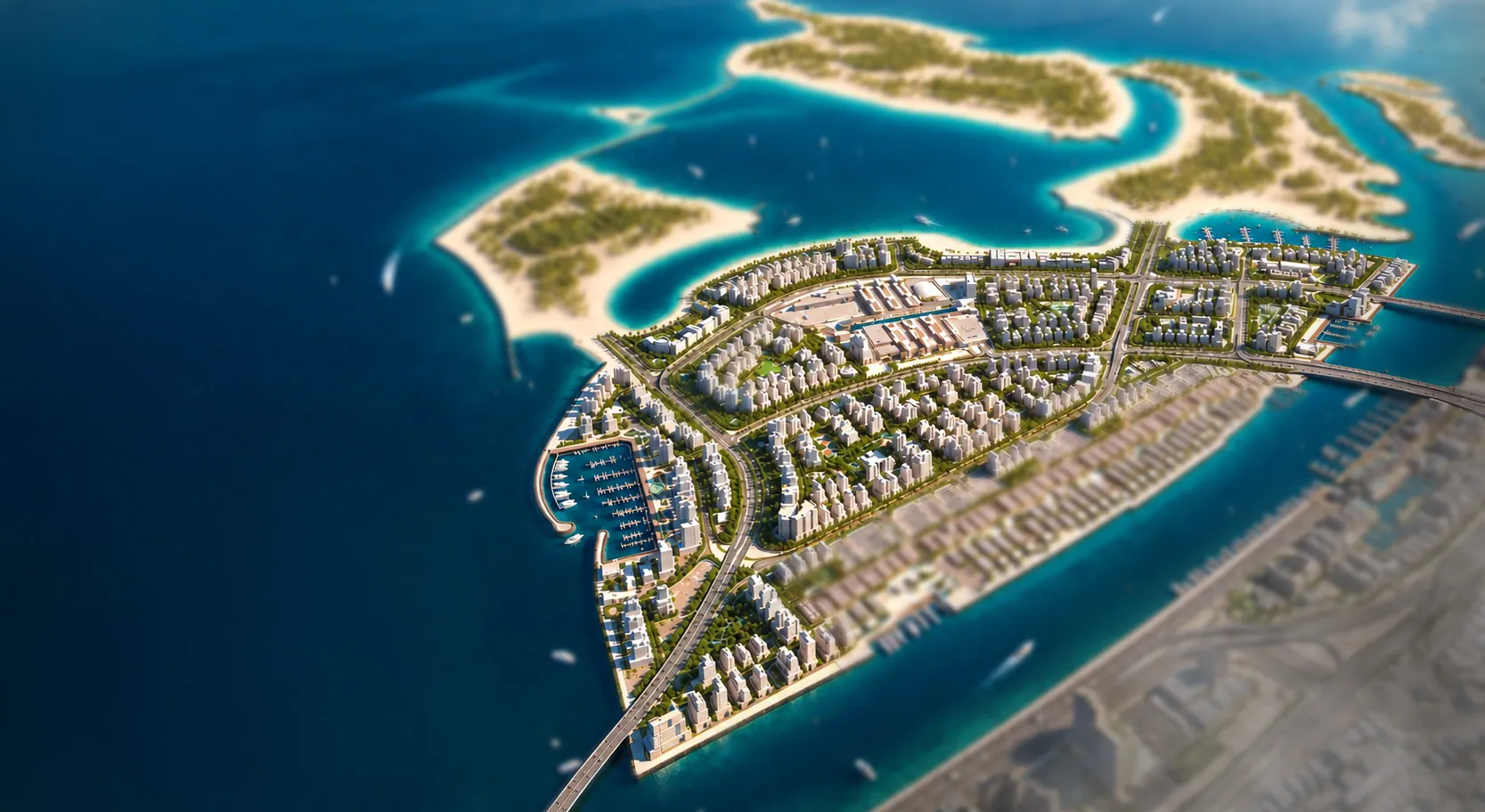 Aerial of Dubai Islands, Island A, showing the yacht marina, beaches, and the island