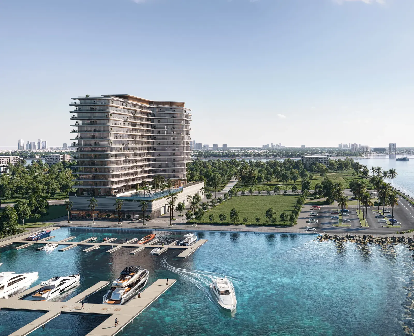 The Bay Interiors by Missoni tower fronting the Island A yacht marina on Dubai Islands, with boats at the berths