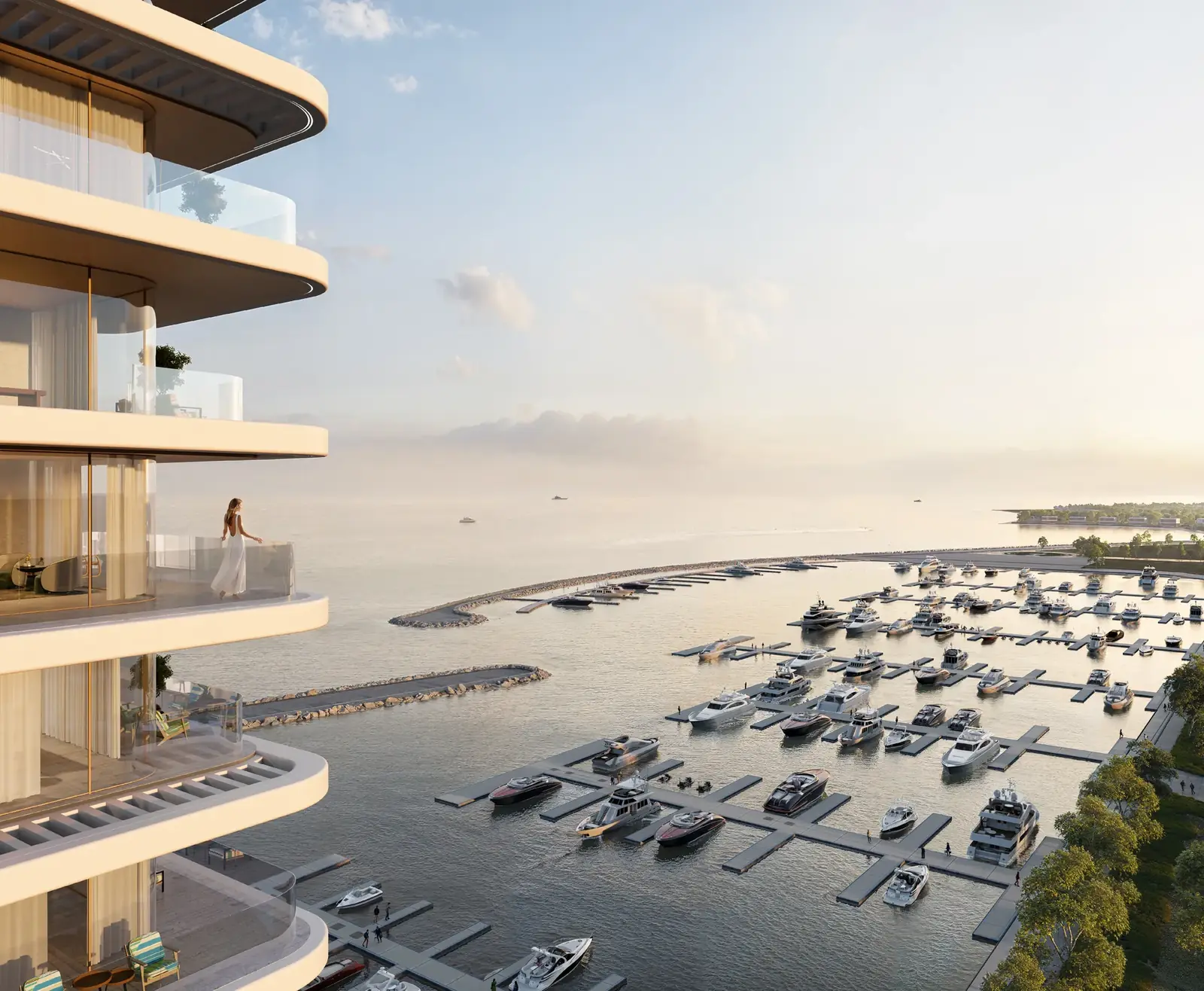 Balconies of The Bay Interiors by Missoni on Dubai Islands looking over the Island A yacht marina and the breakwater