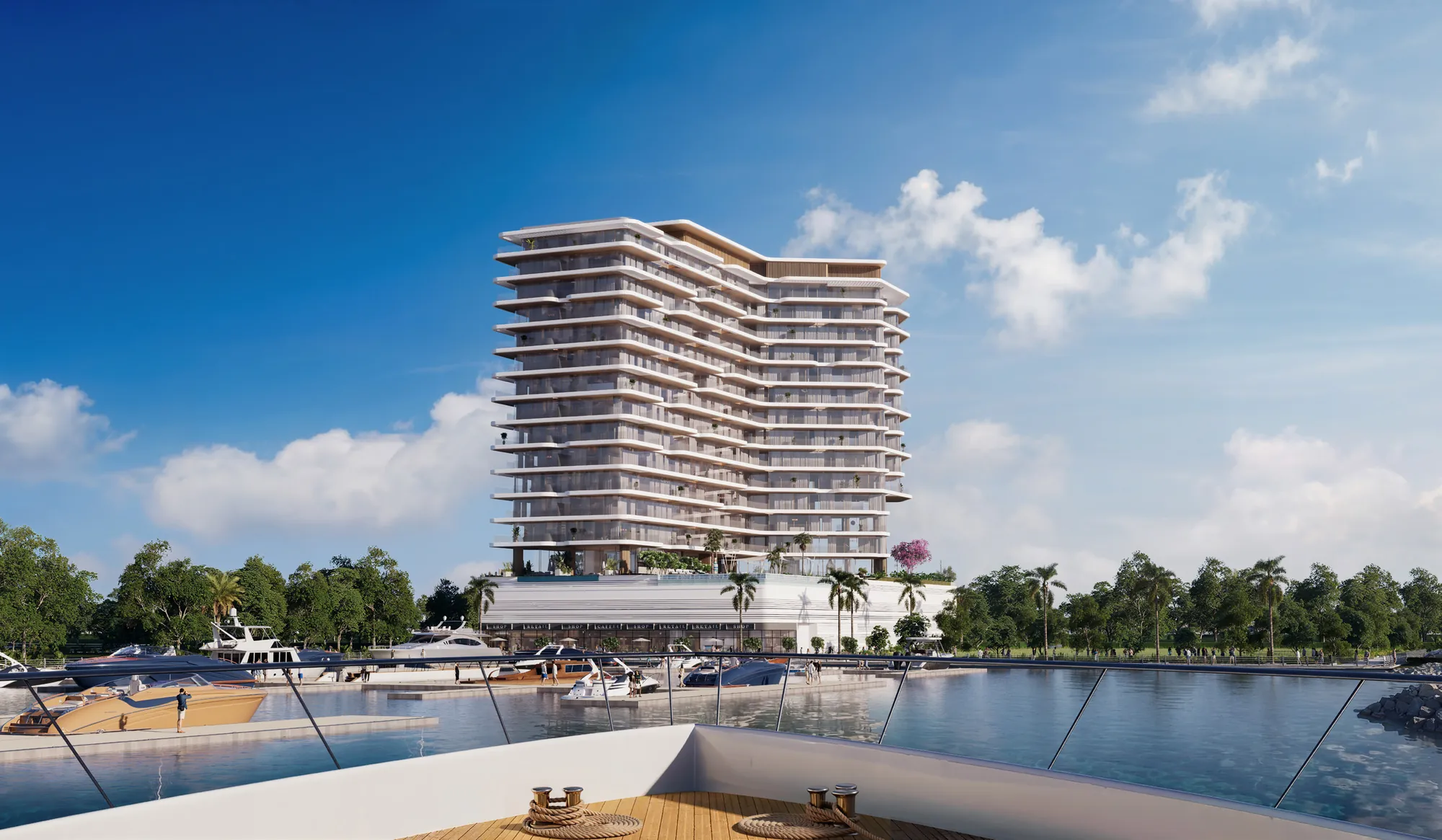 The Bay Interiors by Missoni tower seen from a yacht in the Island A marina on Dubai Islands