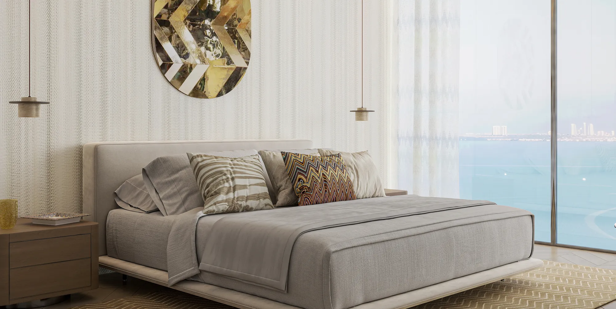 Bedroom with a sea view at The Bay Interiors by Missoni on Dubai Islands, with a chevron cushion and pendant lights