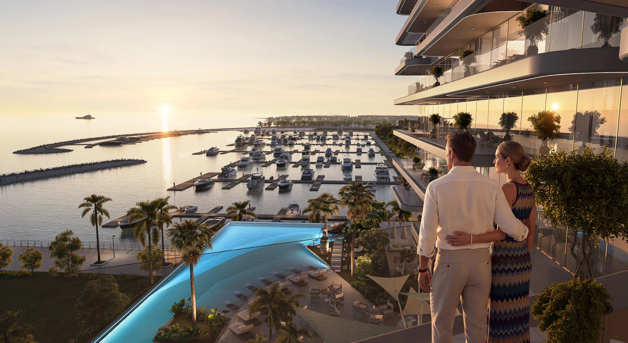 Beach pool on the Seaside Deck of The Bay Interiors by Missoni on Dubai Islands, looking over the Island A yacht marina