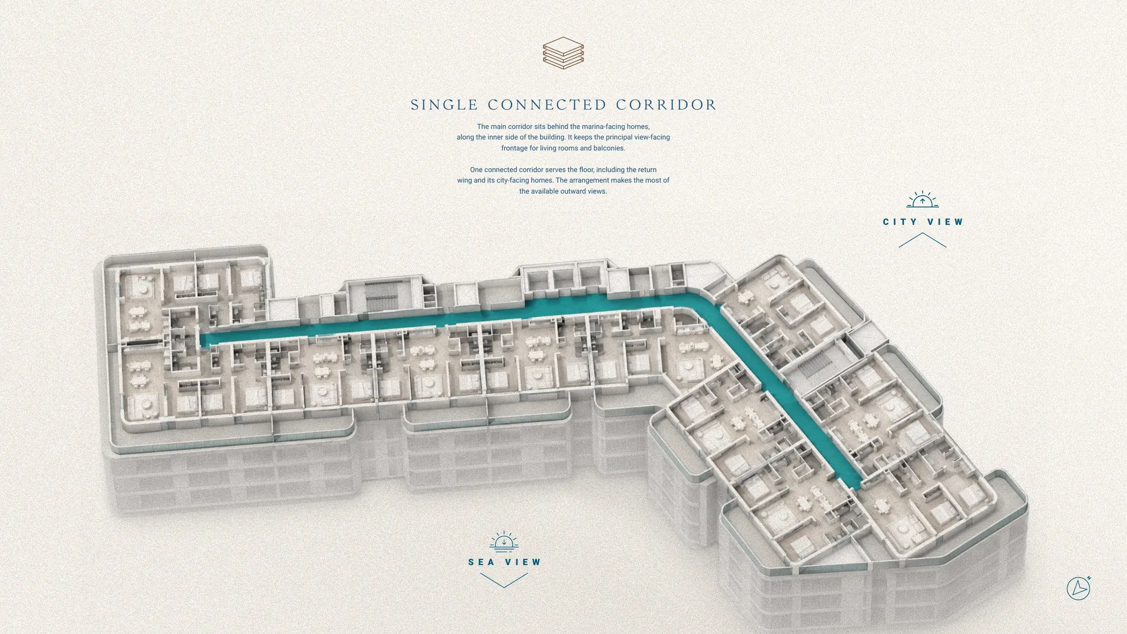 Typical floor diagram of The Bay Interiors by Missoni on Dubai Islands, showing one connected corridor with sea-view homes on one side and city-view homes on the other